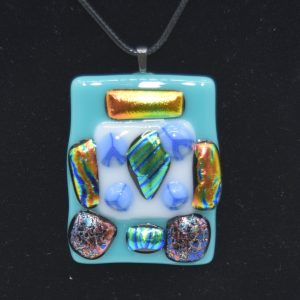 Large blue and dichroic glass pendant